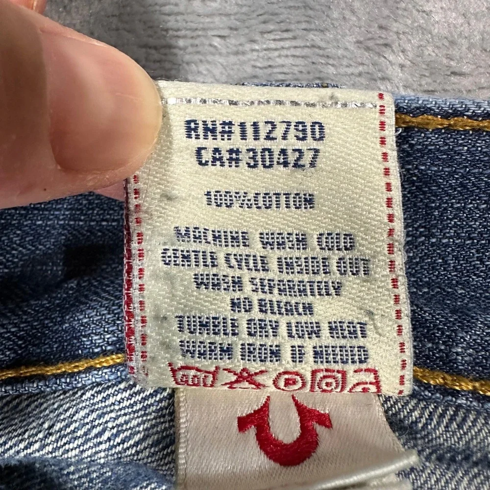 True Religion Billy Bootcut Jeans Mens 33 Blue Leather Horseshoe Made in USA